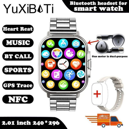 Bluetooth watch on a table, next to its integrated earbuds, ready for pairing with a smartphone.