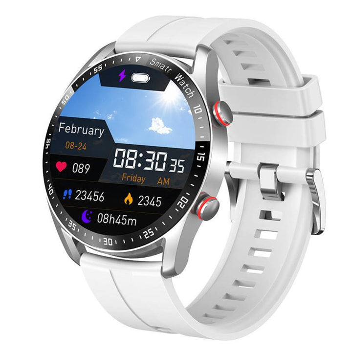Person wearing a unisex fitness smartwatch tracking steps and heart rate during a workout, with a clear digital screen.