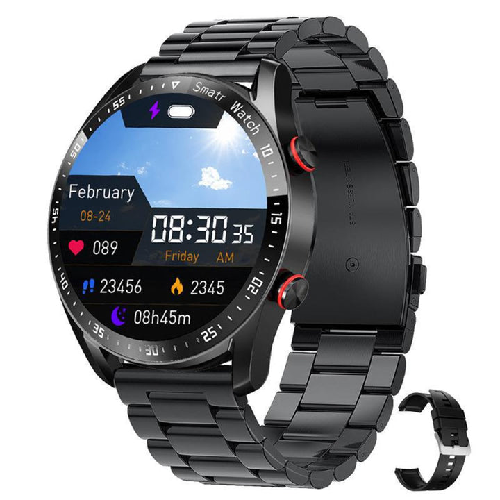 Close-up of a unisex smartwatch displaying an incoming call notification, showcasing its Bluetooth call feature on wrist.