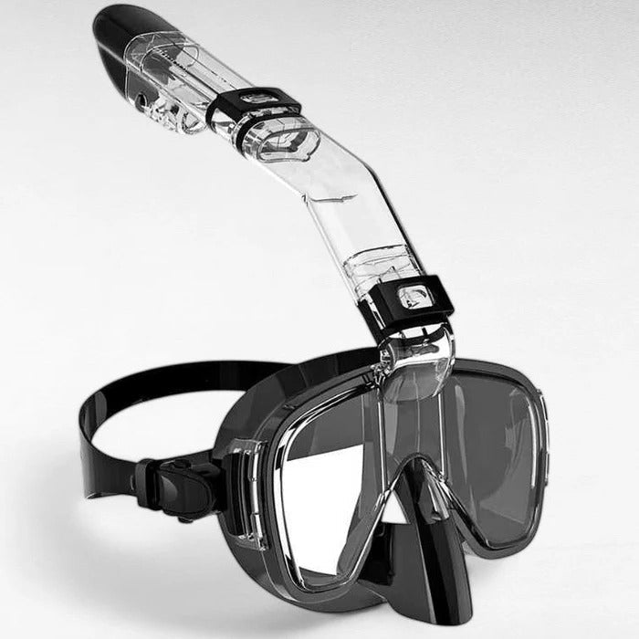 Unisex snorkeling mask with dry top system for clear panoramic underwater views.