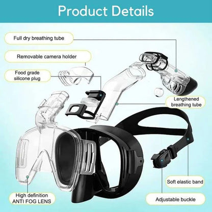 Unisex full face snorkeling mask, anti-fog, dry top, 180° panoramic for swimming & diving.