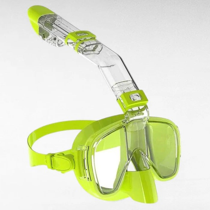 Adult unisex full face snorkeling mask with dry top, anti-fog & 180° panoramic view.