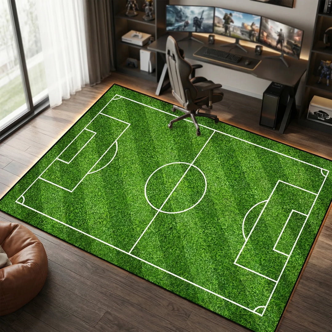 Unisex Soccer Field Area Rug with Flowique waves, perfect for game room or kids' playroom, durable & washable.