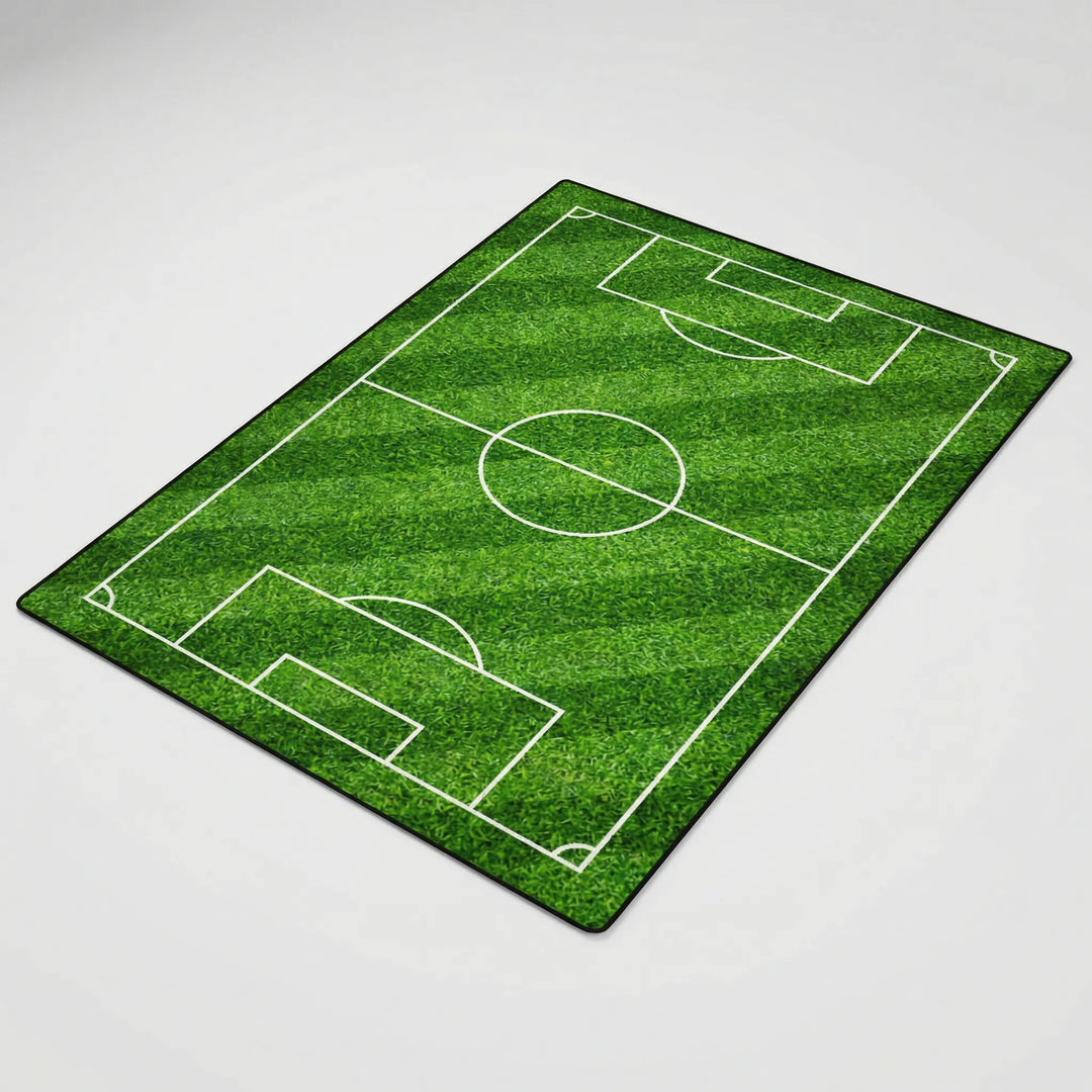 Kids' soccer field area rug for game rooms & playrooms. Non-slip, washable, sports decor, indoor/outdoor.