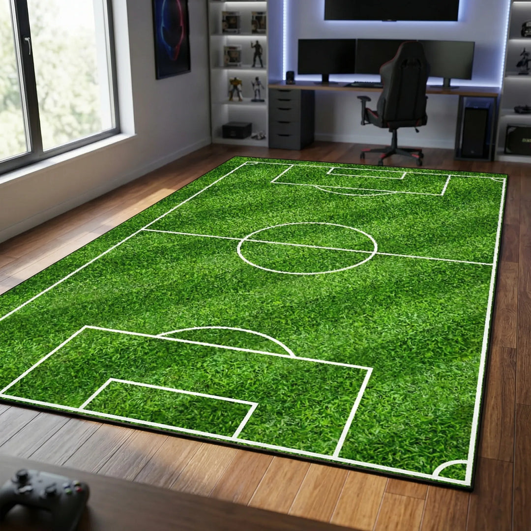 Washable soccer field area rug. Non-slip kids' playroom rug with a unique wave design, ideal for game rooms.