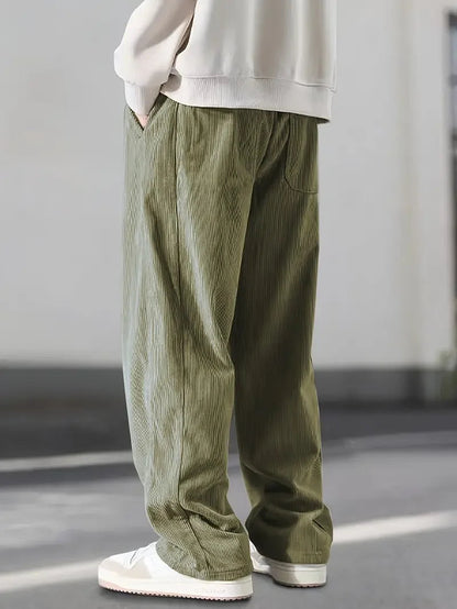 Side view of comfy unisex wide leg corduroy pants, perfect for relaxed casual style.
