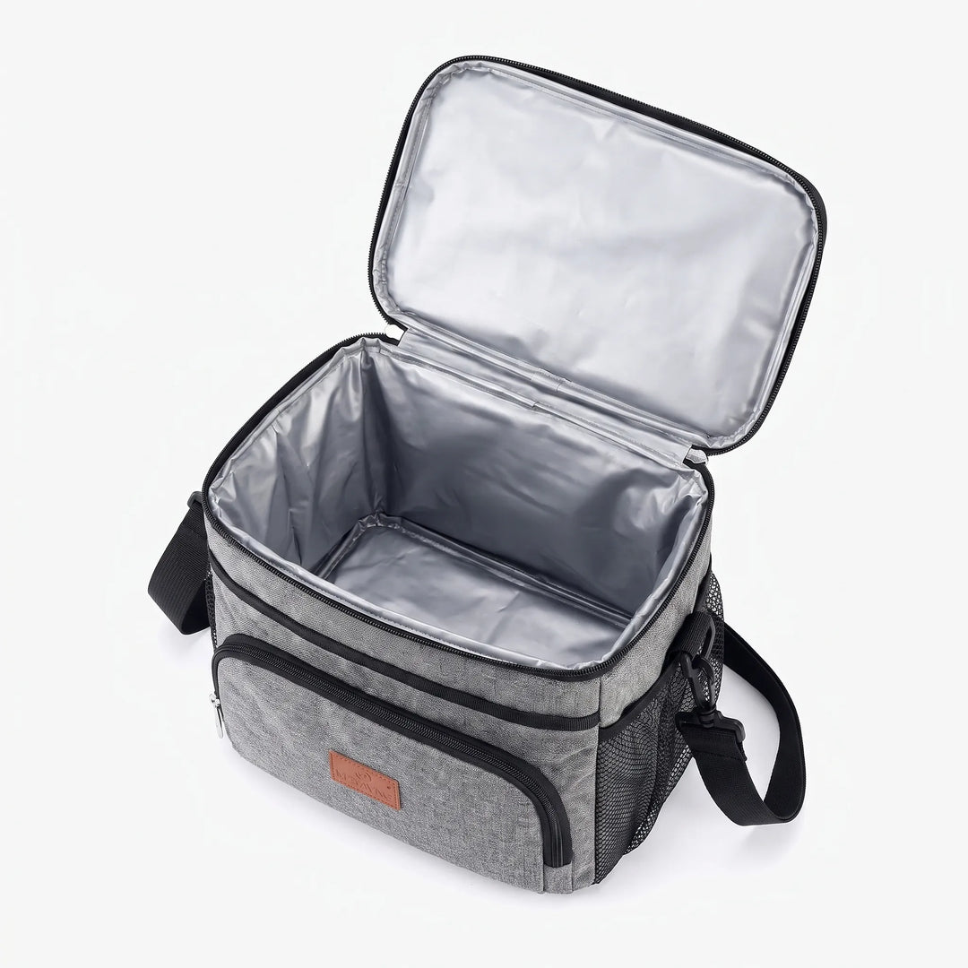Compact soft-sided cooler bag, great for carrying lunch and snacks to work, beach, or on travel trips.