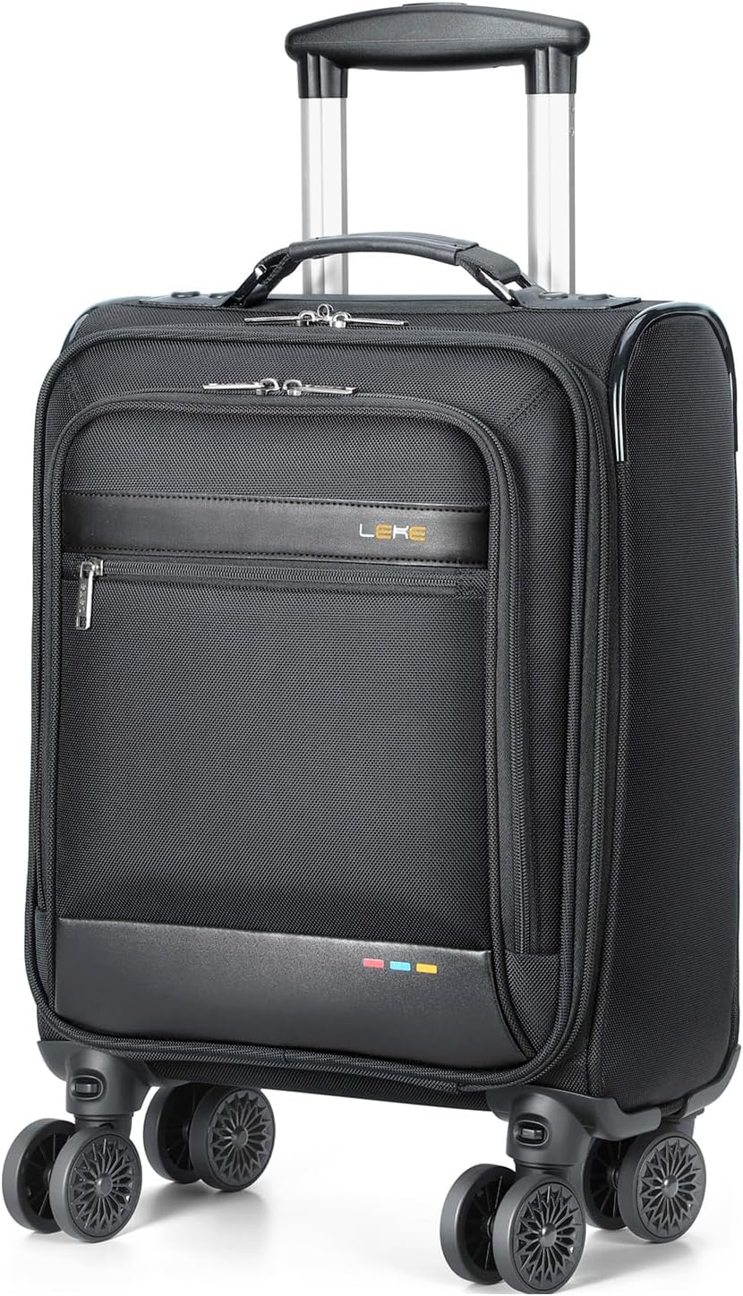 Unisex softside expandable carry-on suitcase with smooth spinner wheels, perfect for travel. Lightweight & durable black luggage.