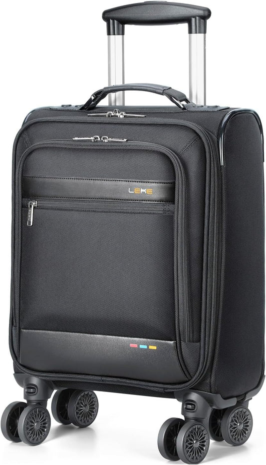 Unisex softside expandable carry-on suitcase with smooth spinner wheels, perfect for travel. Lightweight & durable black luggage.