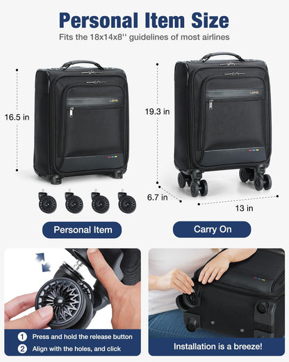 Durable black softside carry-on suitcase, expandable for extra packing. Unisex travel luggage with smooth spinner wheels.