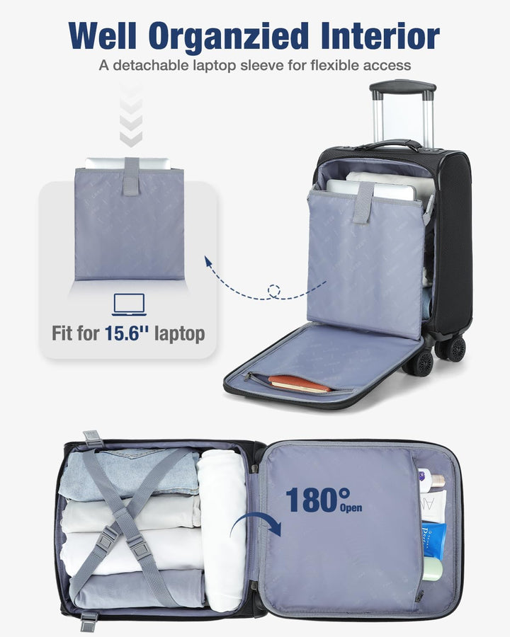 Black softside carry-on suitcase with 360° spinner wheels for effortless travel. Expandable, lightweight unisex luggage.
