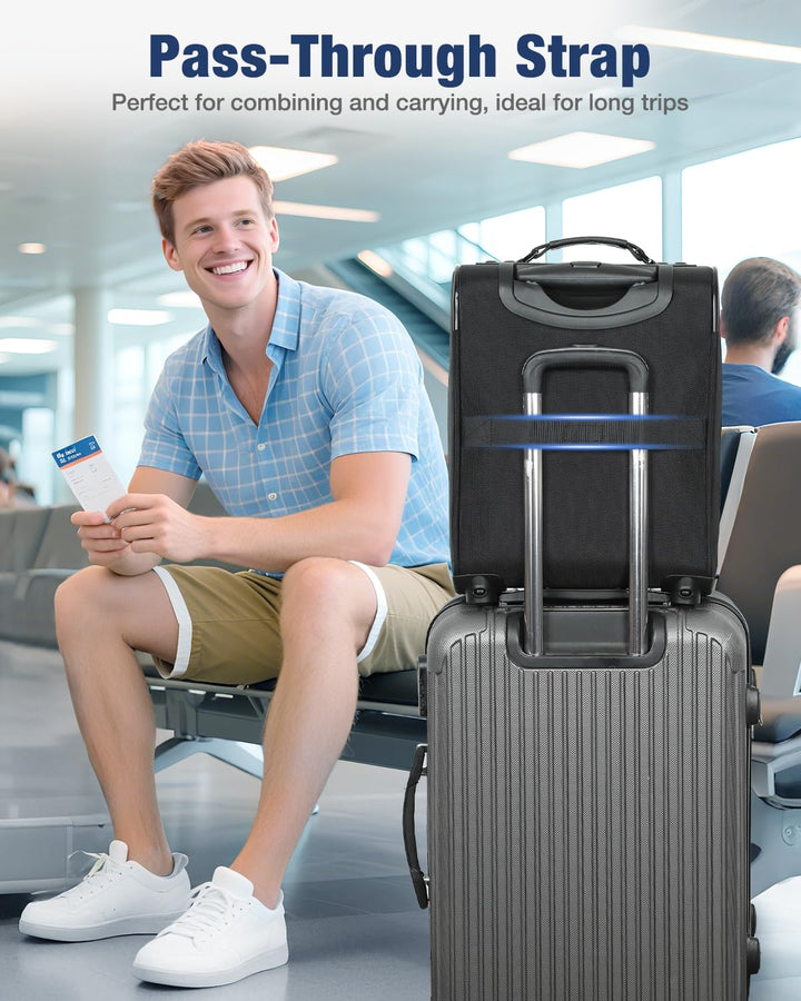 Ready for your trip: black expandable softside carry-on luggage with smooth spinner wheels. Lightweight & airline approved.