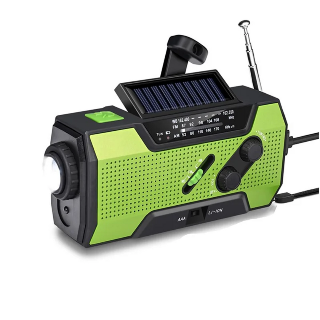 Unisex solar hand crank emergency radio with weather alerts, power bank, and flashlight for survival