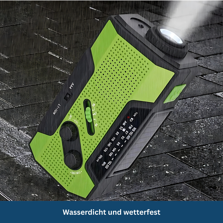Rugged solar powered hand crank emergency radio, ideal for hiking, camping, and power outages