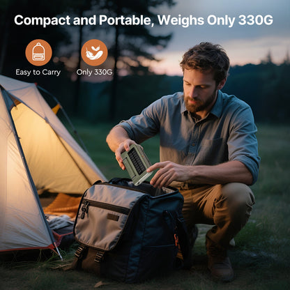 Compact camping light, features USB output for device charging, solar rechargeable, essential outdoor gear