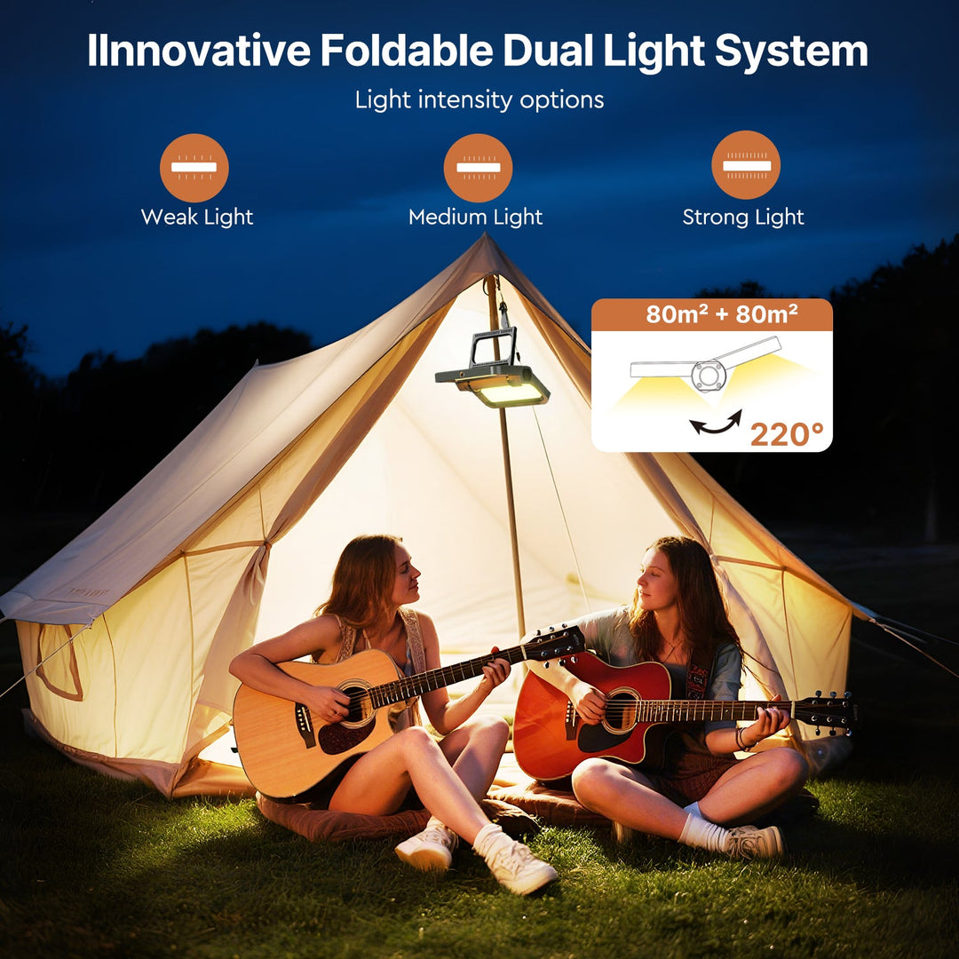 Bright LED camping light, multiple modes, long-lasting battery, can charge devices via USB, solar floodlight