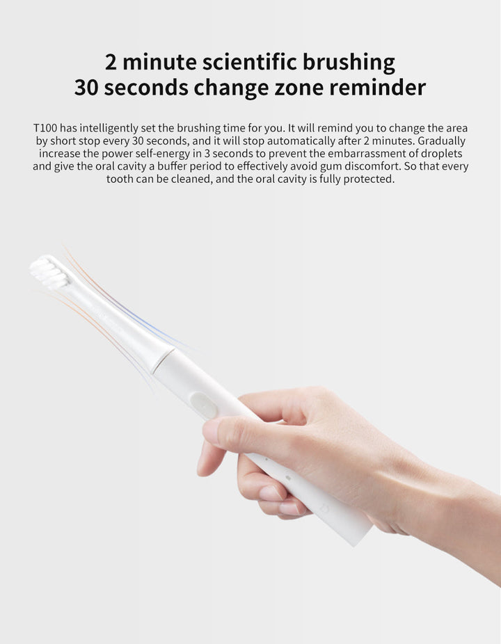 Detail of power button & cleaning modes on advanced sonic electric toothbrush for personalized care.