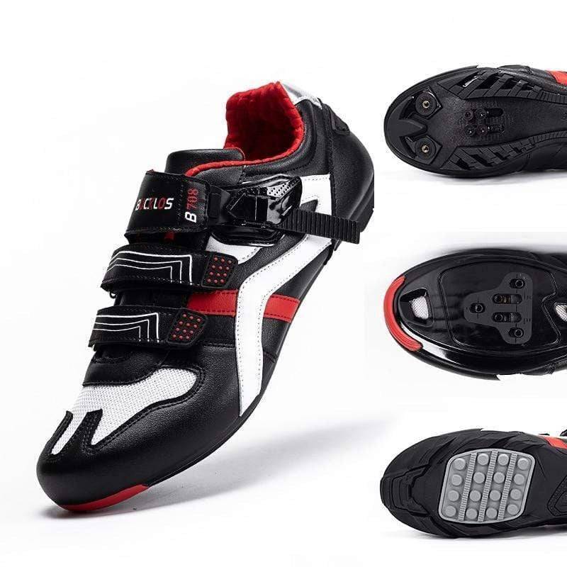 Unisex SPD-SL road bike shoes, black with three hook-and-loop straps, side view, ideal for cycling performance