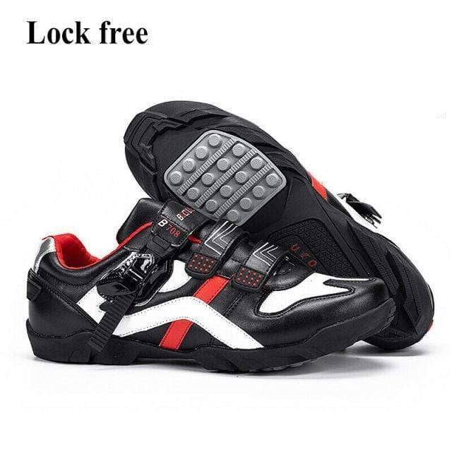 Pair of unisex SPD-SL cycling shoes, front view, black with reflective accents, ready for road bike enthusiasts