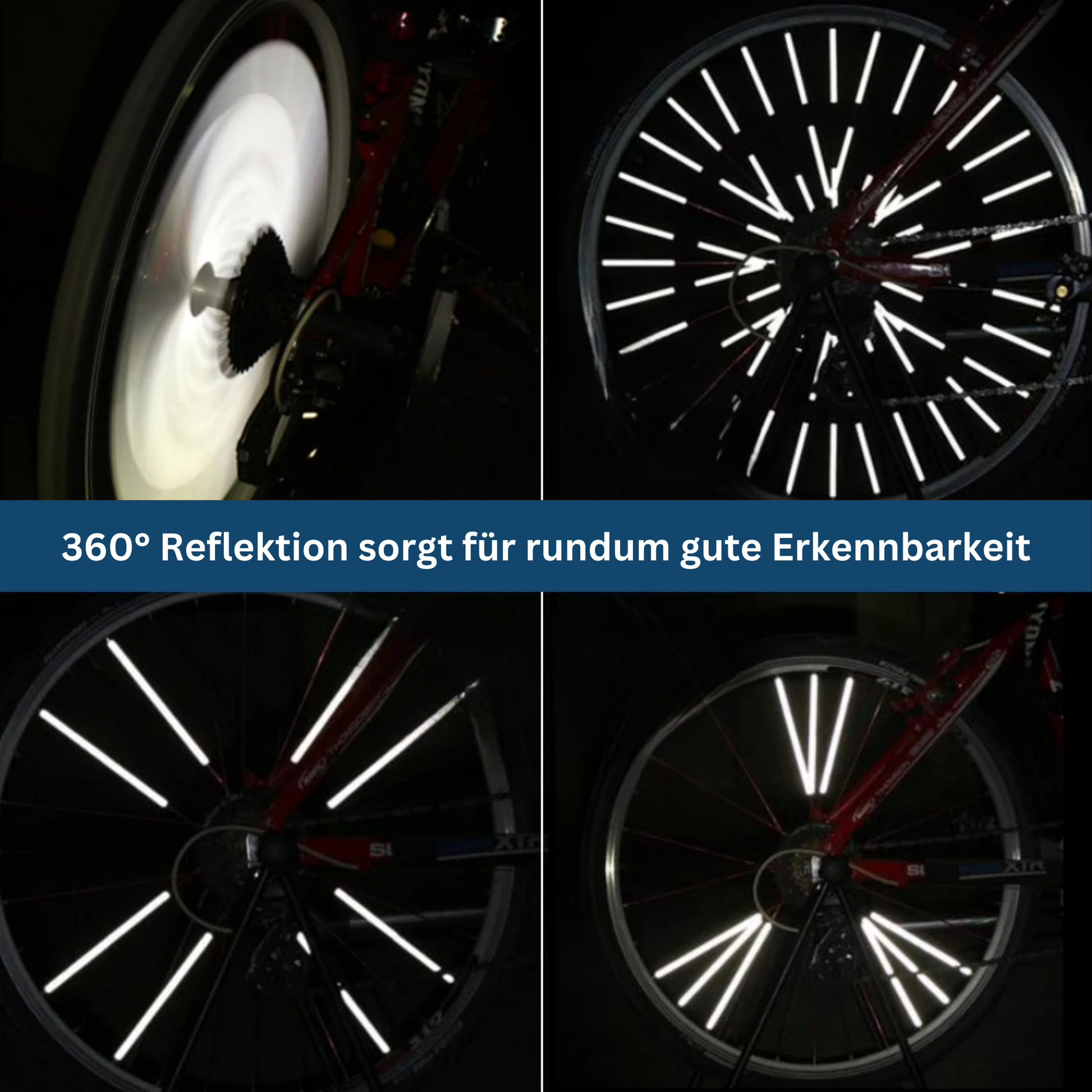 Spoke reflectors installed on a bicycle wheel, illustrating improved cycling visibility for safer night riding on roads