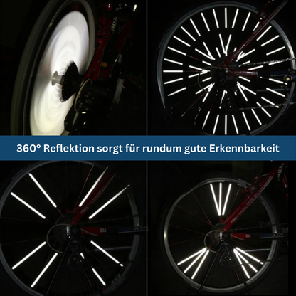 Spoke reflectors installed on a bicycle wheel, illustrating improved cycling visibility for safer night riding on roads