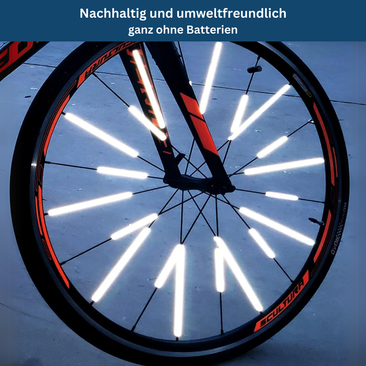 Detail view of spoke reflector's easy installation mechanism on a bicycle spoke, no tools required, for immediate use