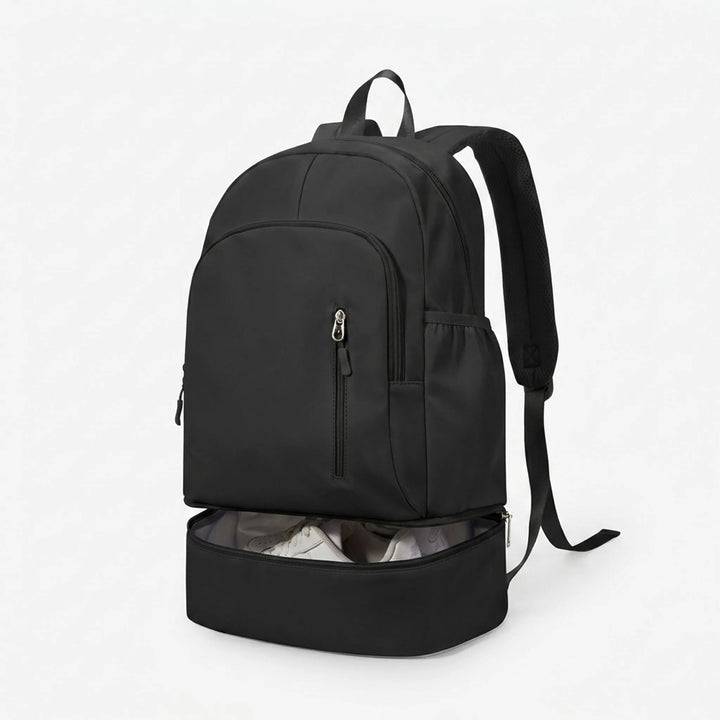 Durable nylon sports gym bag for active men and women, featuring a separate ventilated shoe compartment.