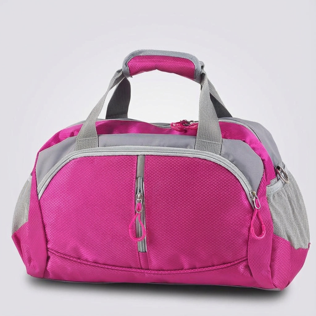 Durable, water-resistant material and strong zippers on a unisex sporty travel duffel bag.
