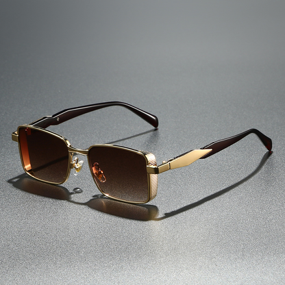 Silver frame square fashion sunglasses with blue UV protection lenses. Modern unisex eyewear.