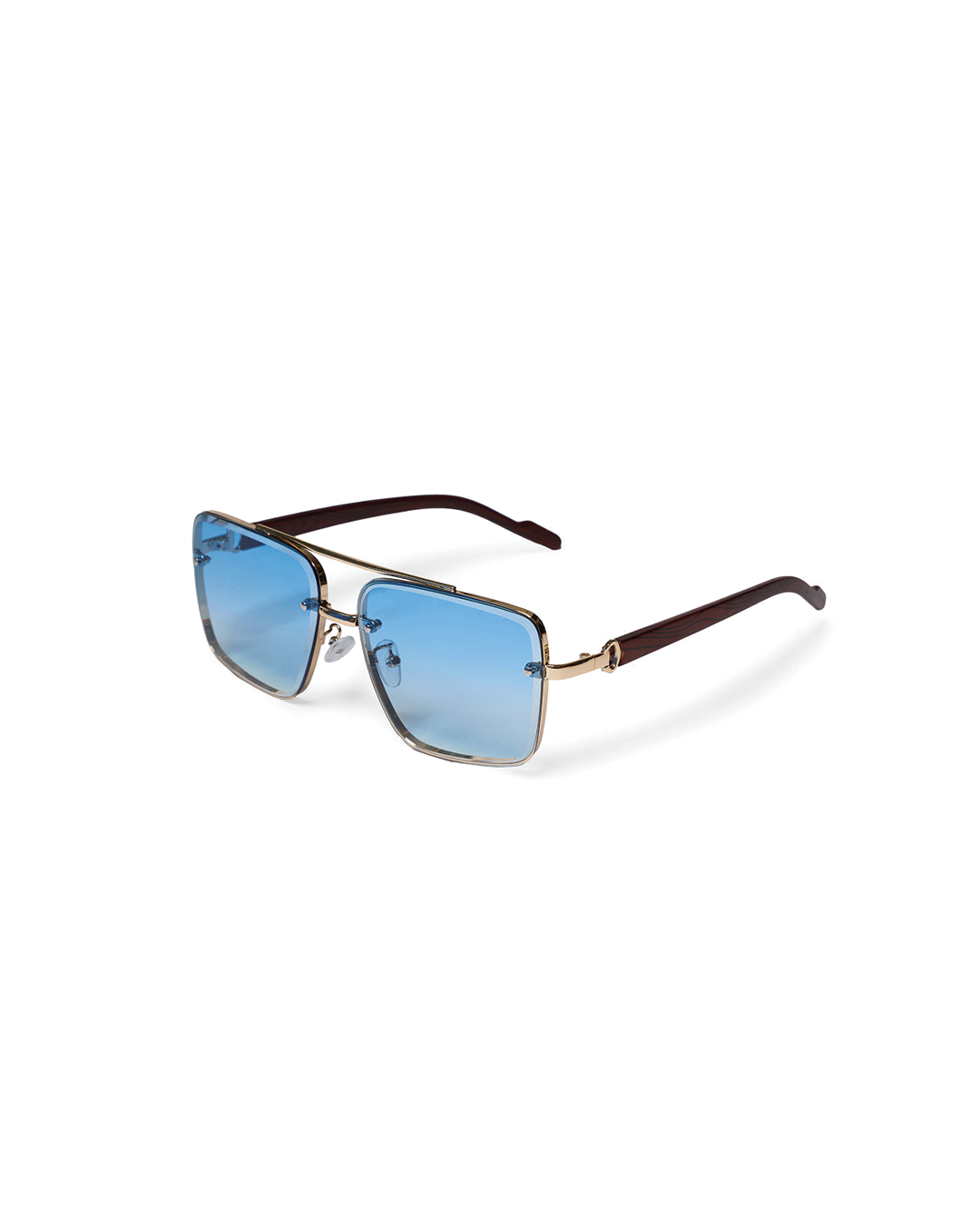 Unisex square lens sunglasses with stylish wood arms and a sleek metal frame.