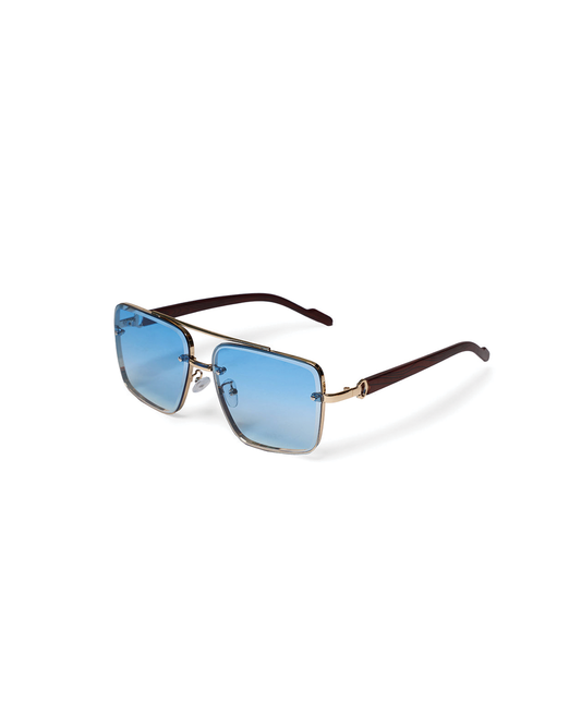 Unisex square lens sunglasses with stylish wood arms and a sleek metal frame.