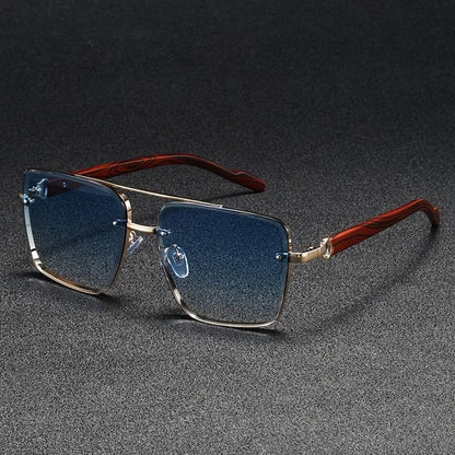 Durable metal frame square sunglasses, accented with unique and stylish wood arms for unisex wear.