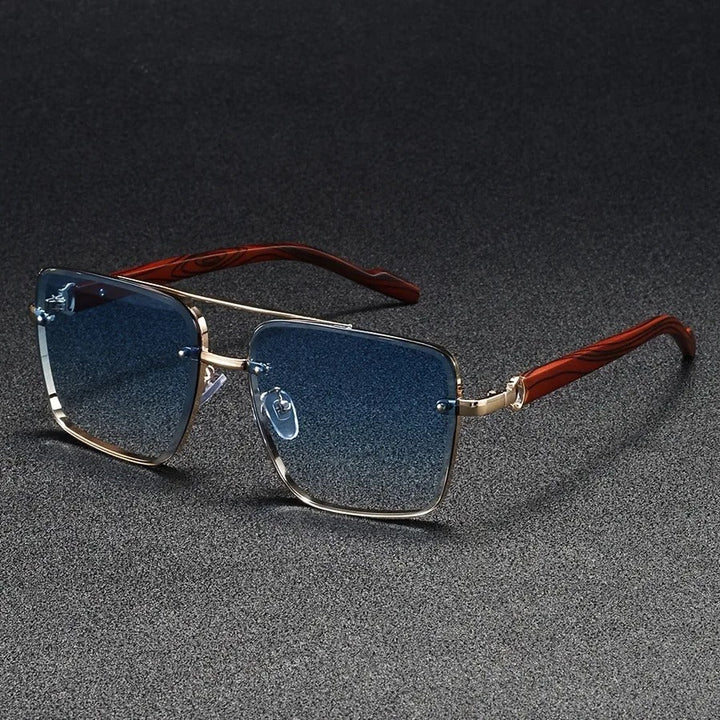 Durable metal frame square sunglasses, accented with unique and stylish wood arms for unisex wear.