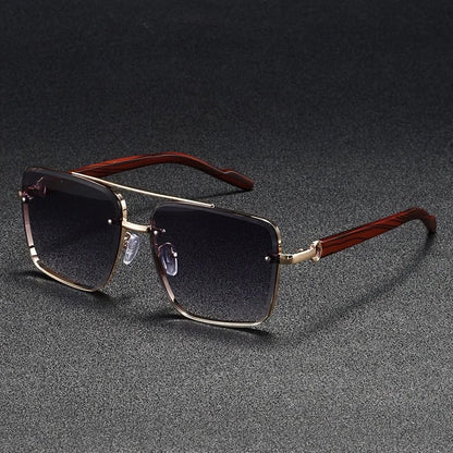 Bold square lens sunglasses with natural wood arms, making a stylish statement for unisex fashion.