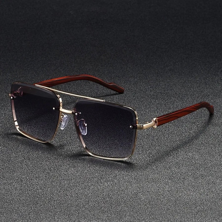 Bold square lens sunglasses with natural wood arms, making a stylish statement for unisex fashion.