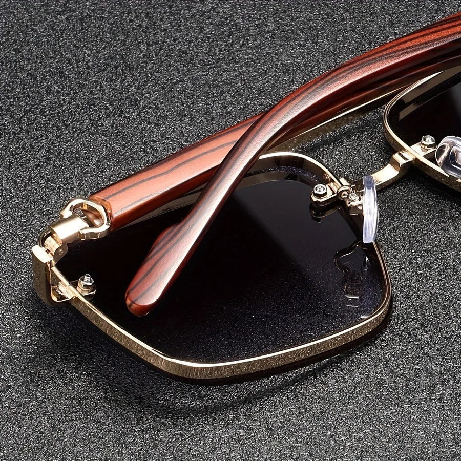 Retro square lens sunglasses with wood arms and a sturdy metal frame for a vintage look.