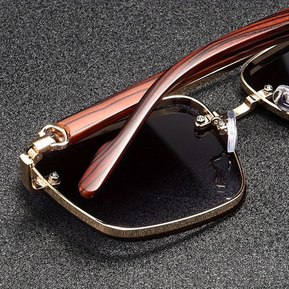 Retro square lens sunglasses with wood arms and a sturdy metal frame for a vintage look.
