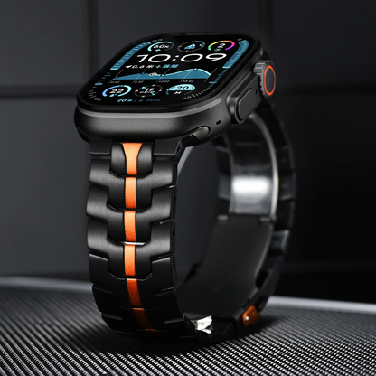Unisex stainless steel Apple Watch band for all Series, durable metal watch strap.