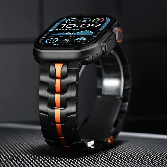 Unisex stainless steel Apple Watch band for all Series, durable metal watch strap.
