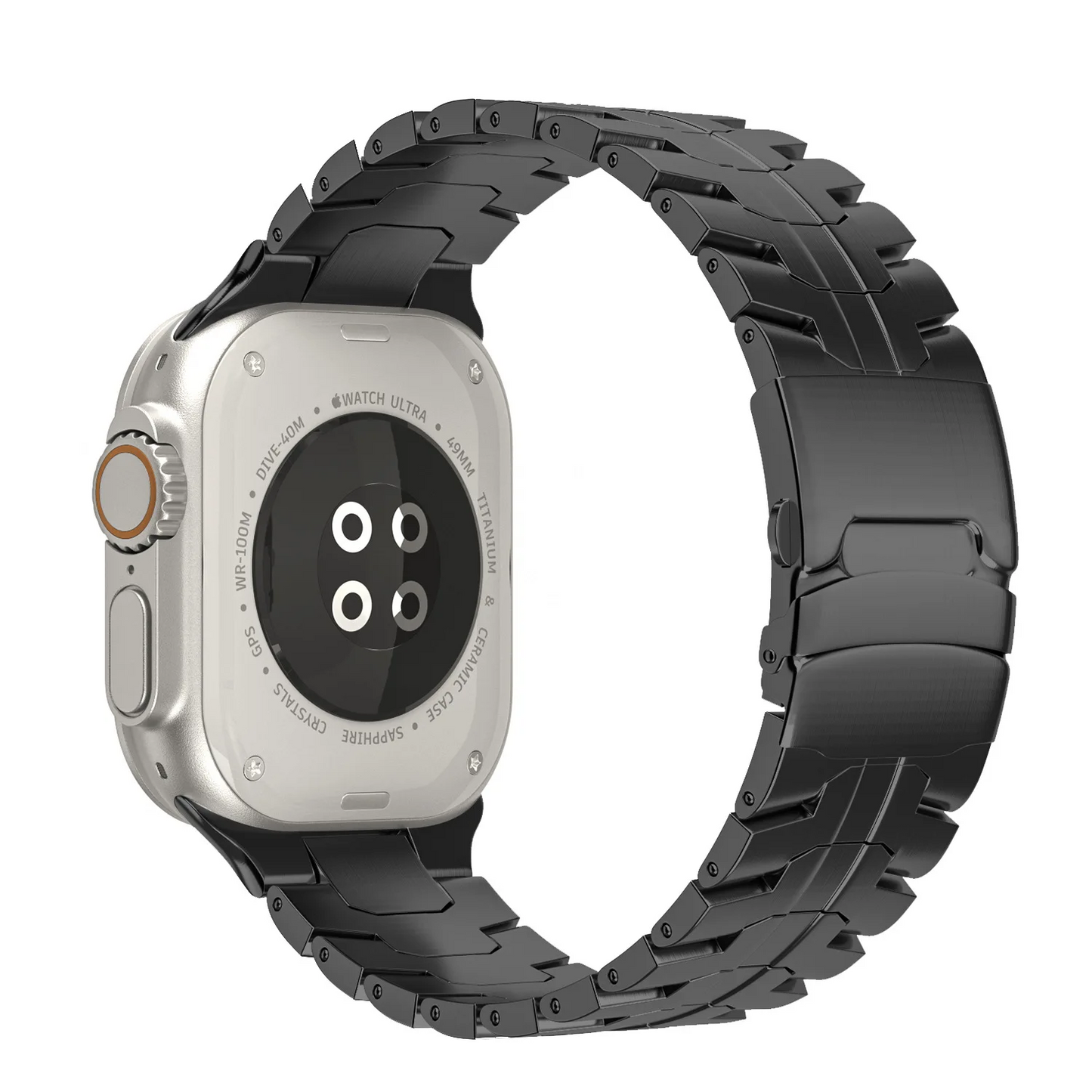 Custom fit stainless steel Apple Watch band, versatile metal strap for all users.