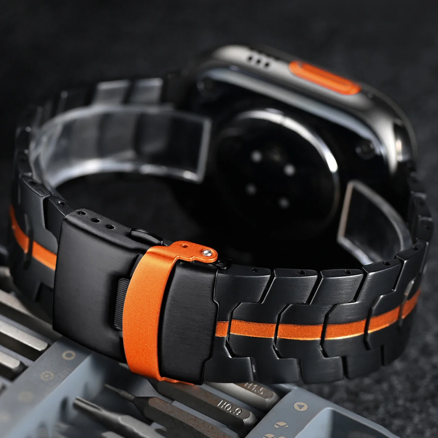Hypoallergenic stainless steel Apple Watch band, comfortable unisex watch strap.