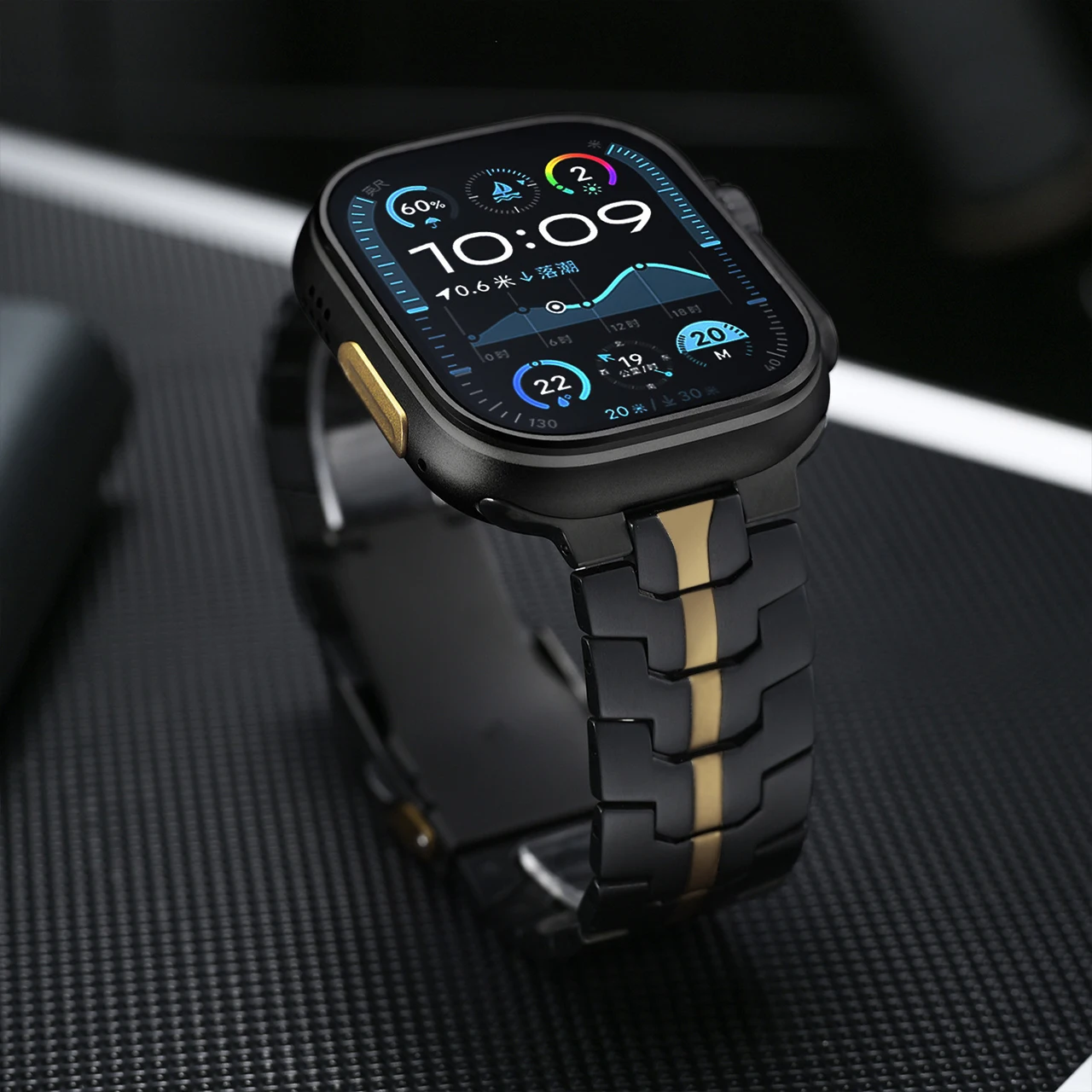 Sleek metal Apple Watch band accessory, unisex stainless steel watch strap.