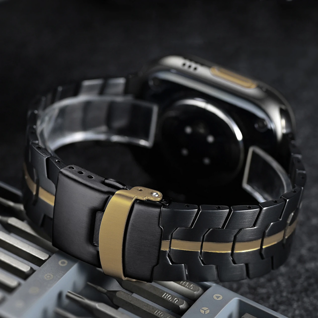 Modern stainless steel Apple Watch band, custom fit metal strap for men & women.