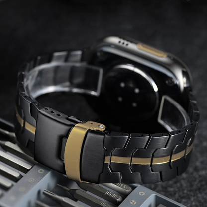 Modern stainless steel Apple Watch band, custom fit metal strap for men & women.