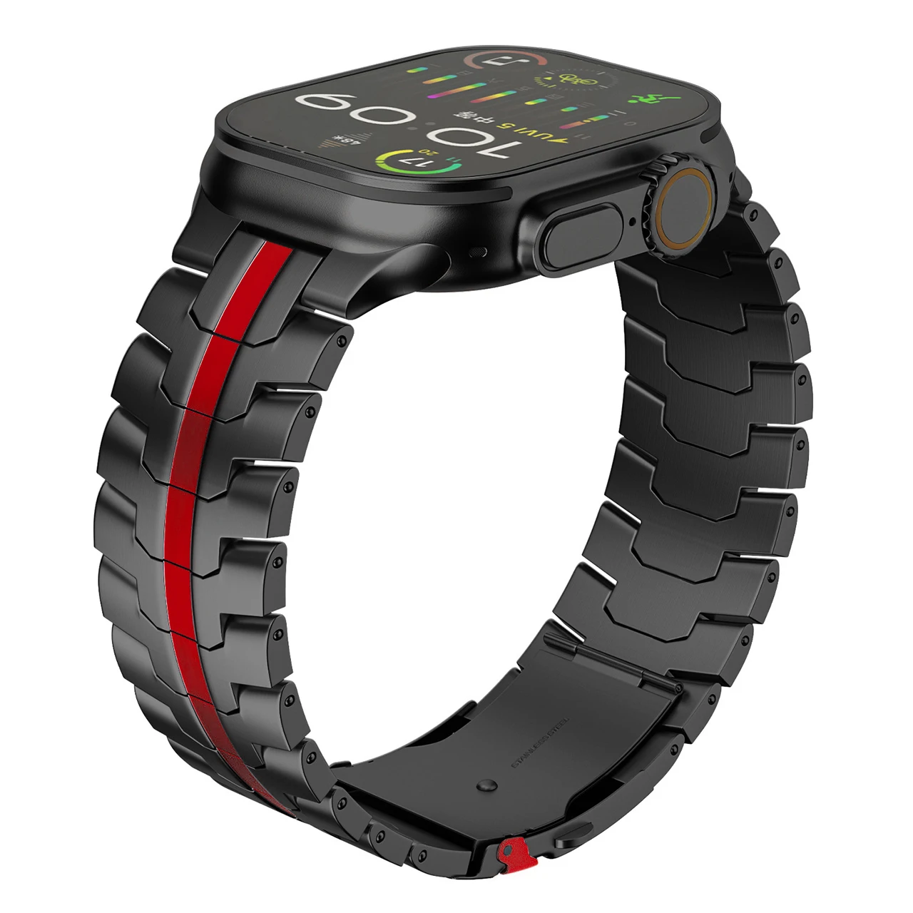 Close-up of a robust stainless steel Apple Watch band, durable and stylish.