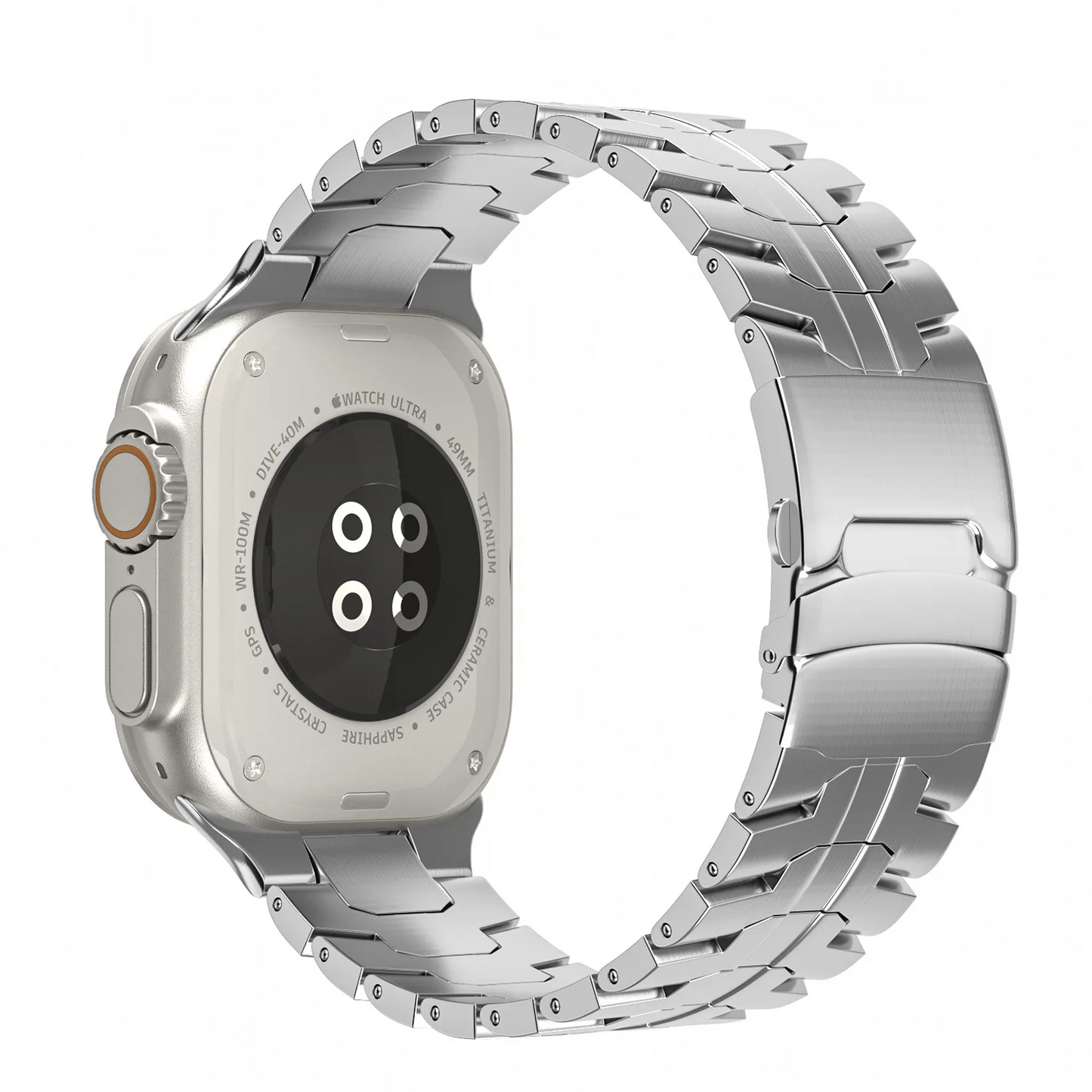 Unisex stainless steel Apple Watch band on wrist, luxury metal strap for all Series.