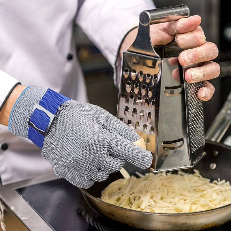 Kitchen safety gloves, cut-resistant stainless steel mesh for food prep, butchering, & slicing.