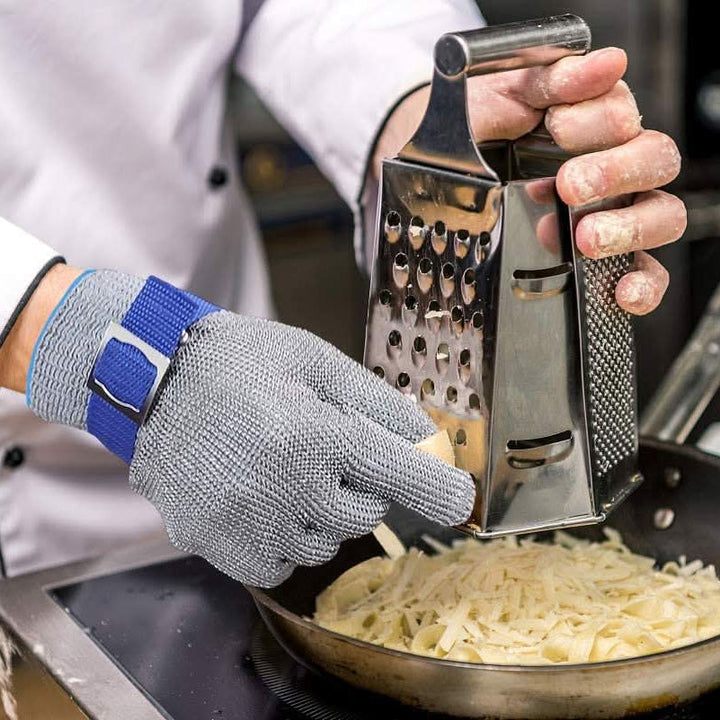 Kitchen safety gloves, cut-resistant stainless steel mesh for food prep, butchering, & slicing.