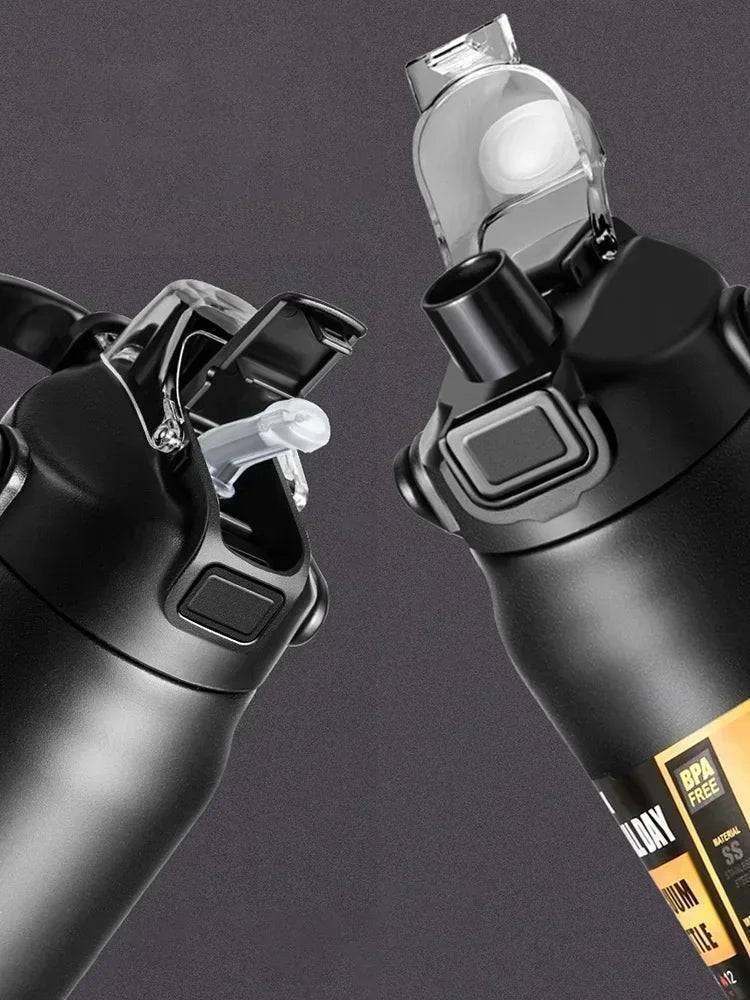 Stylish metal thermos water bottle with straw, perfect for coffee, tea, and cold drinks on the go.