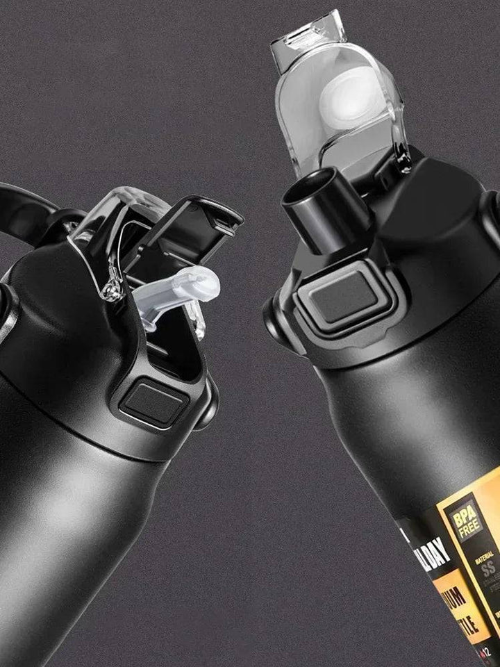 Stylish metal thermos water bottle with straw, perfect for coffee, tea, and cold drinks on the go.